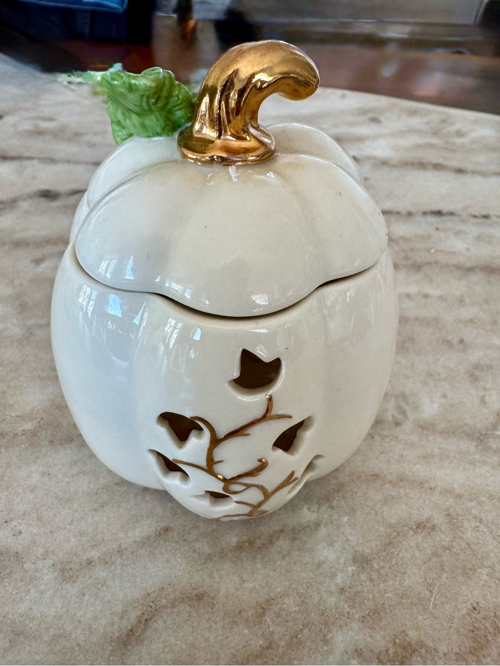 Lenox China Pumpkin Votive Candle Holder with Gold Stem and Green Leaf Accent